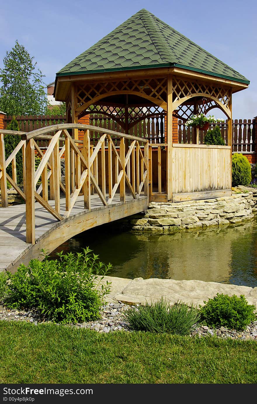 Garden with a lake and waterfall