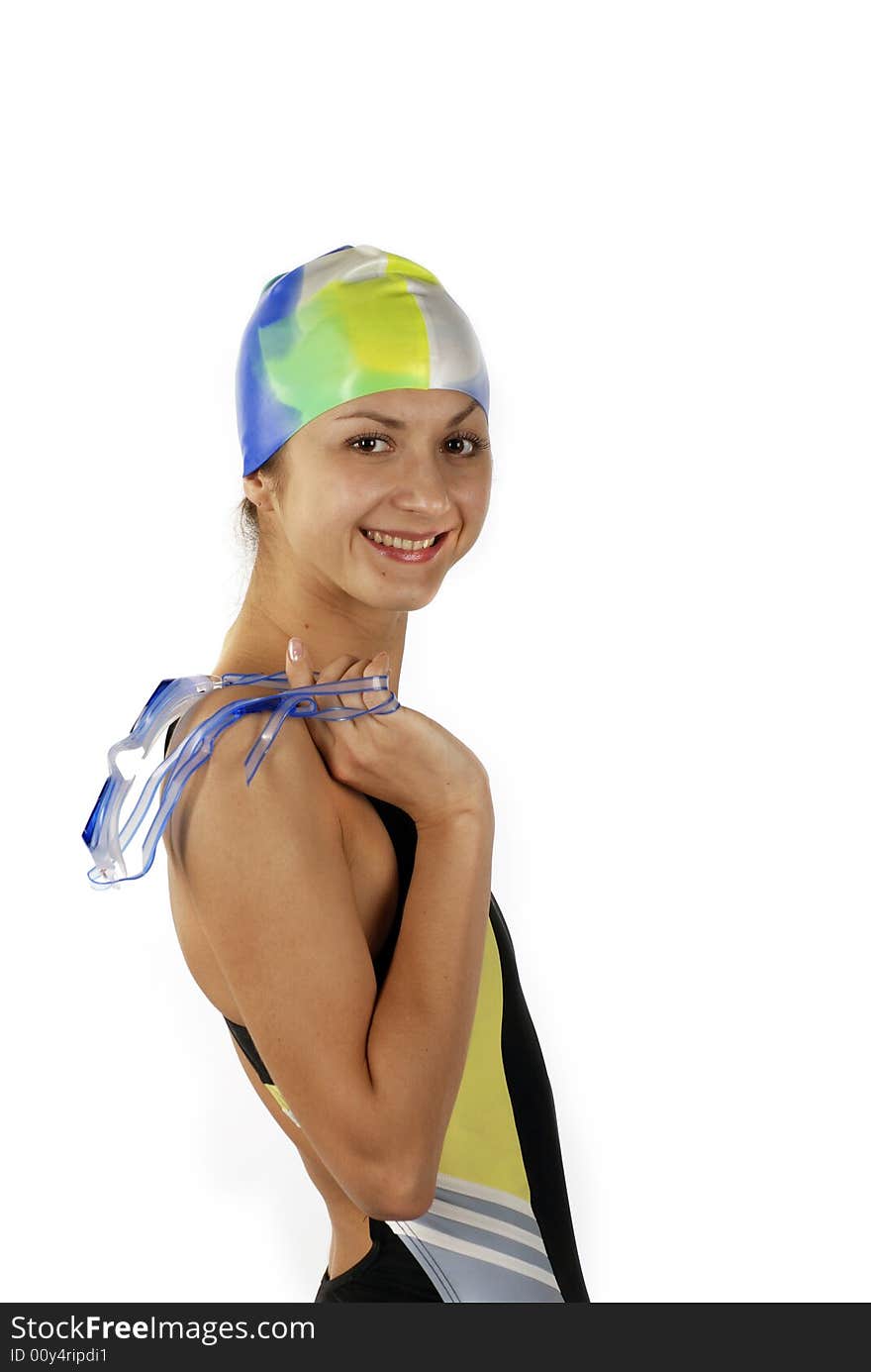 Portrait swimmer girl on isolated