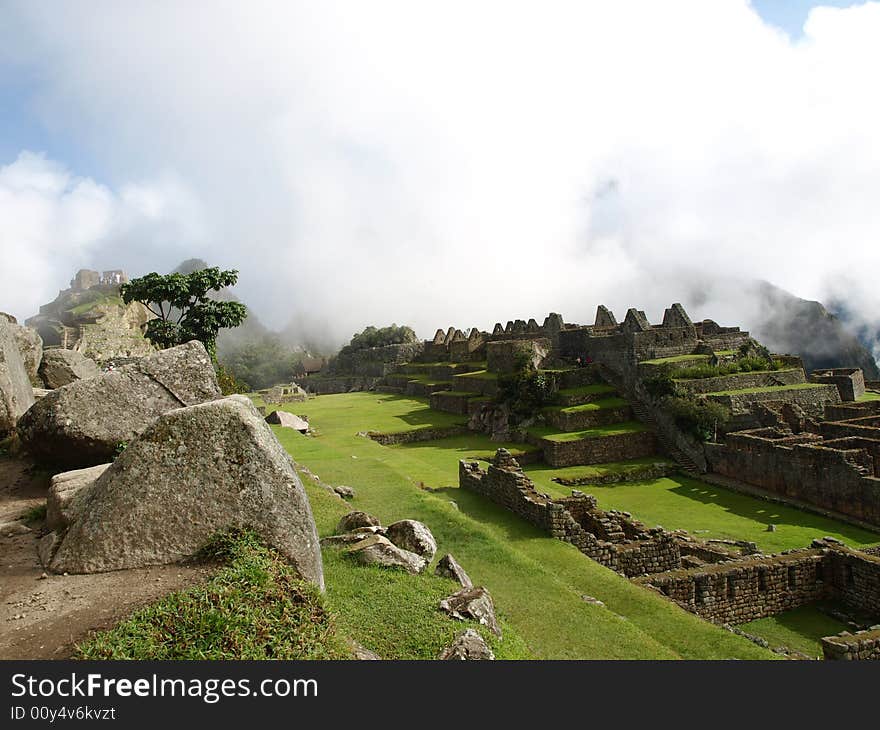 The lost city of the inca Machu Picchu in Cuzco, Peru. Inca Window.