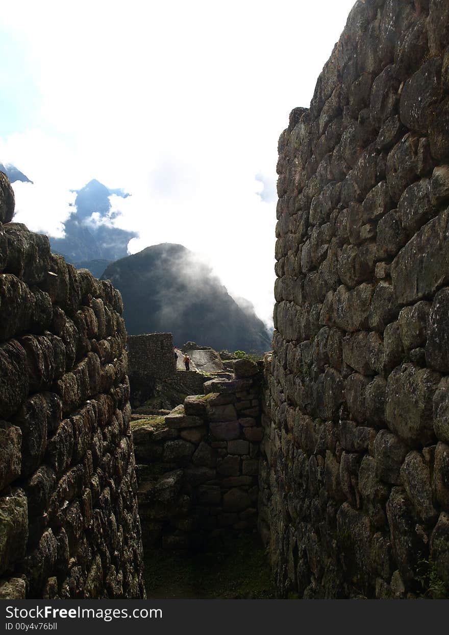 The lost city of the inca Machu Picchu in Cuzco, Peru. Inca Window.