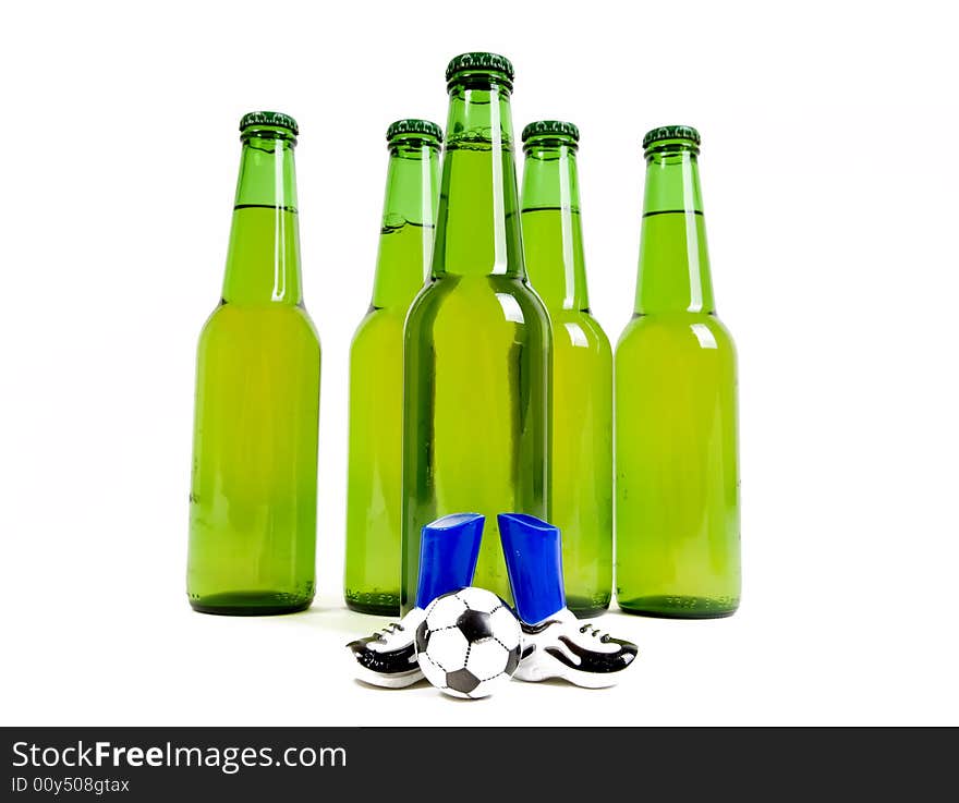 Beer bottles ready to play soccer. Beer bottles ready to play soccer