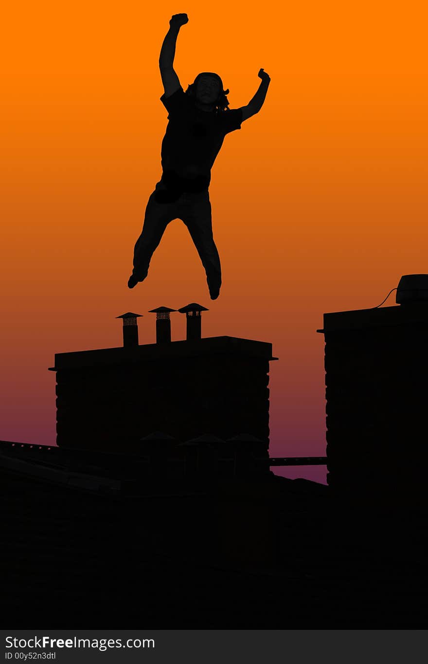 Happy or crazy man jumping on chimney. Happy or crazy man jumping on chimney