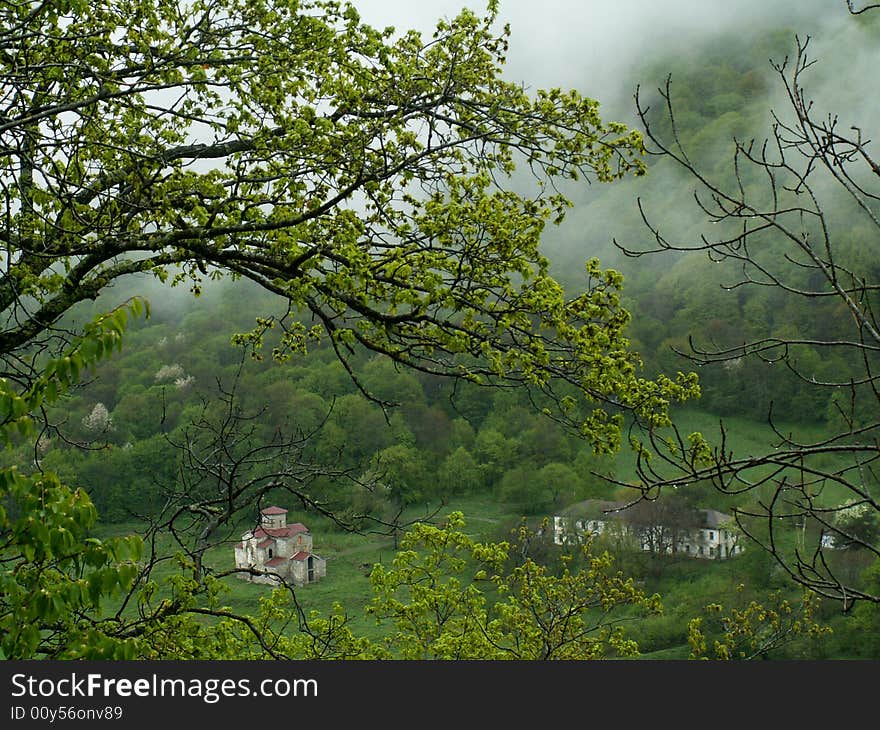 Monastery in the morning gauze