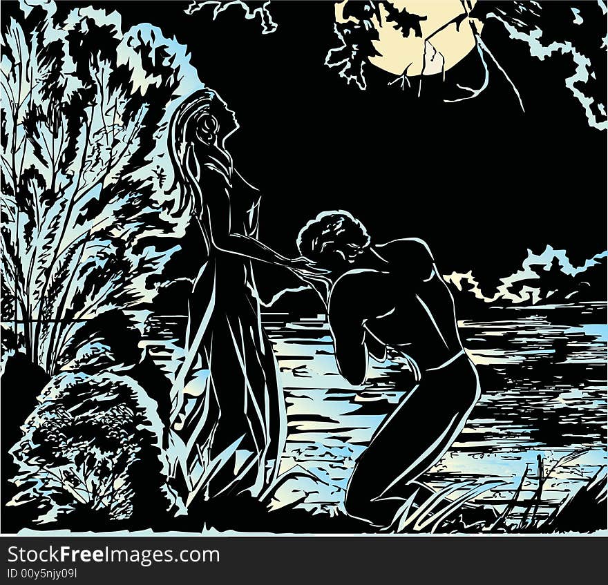 Illustration with man and woman near river