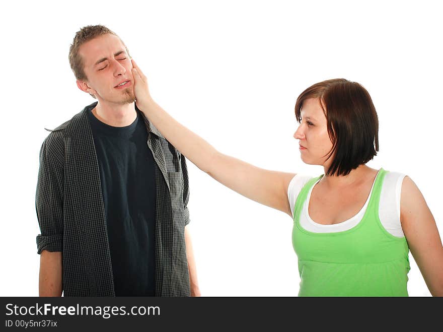 Young couple with problems on white background. Young couple with problems on white background