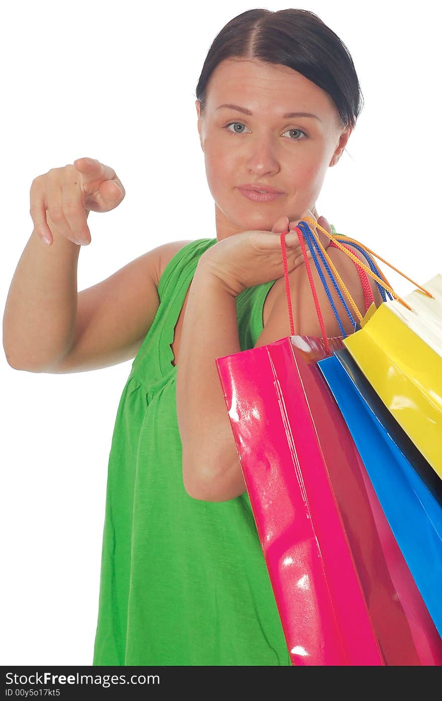 Attractive woman with shopping bags on white background