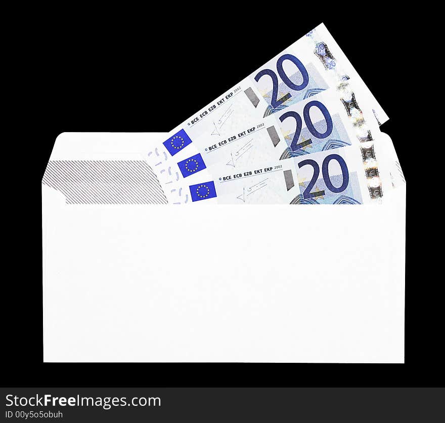 Money Gift, White Envelope With Twenty Euro Notes. Money Gift, White Envelope With Twenty Euro Notes