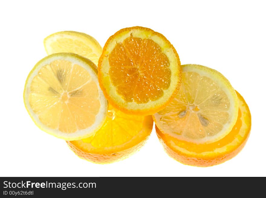 Isolated orange and lemon on white background as sample of my food images. Isolated orange and lemon on white background as sample of my food images