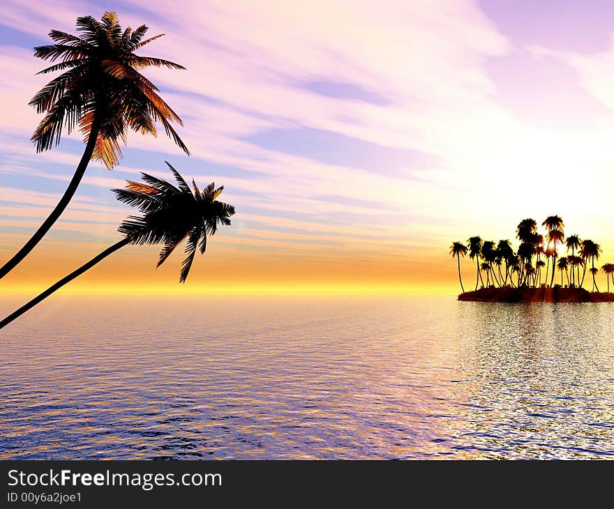 Sunset coconut palm trees on small island - 3d illustration.