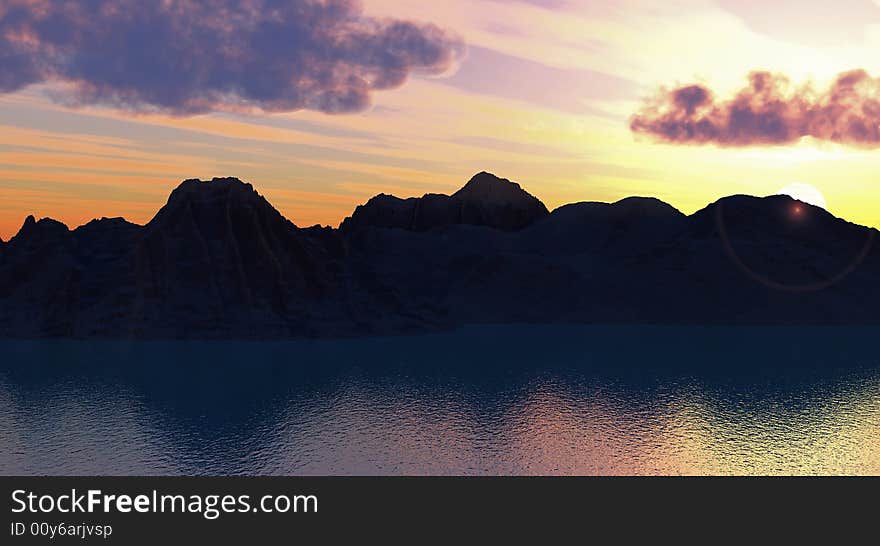 High mountains on a sunset sea - 3d scene.