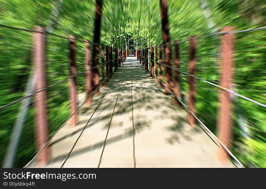 Moving over a suspension bridge in the park. Moving over a suspension bridge in the park