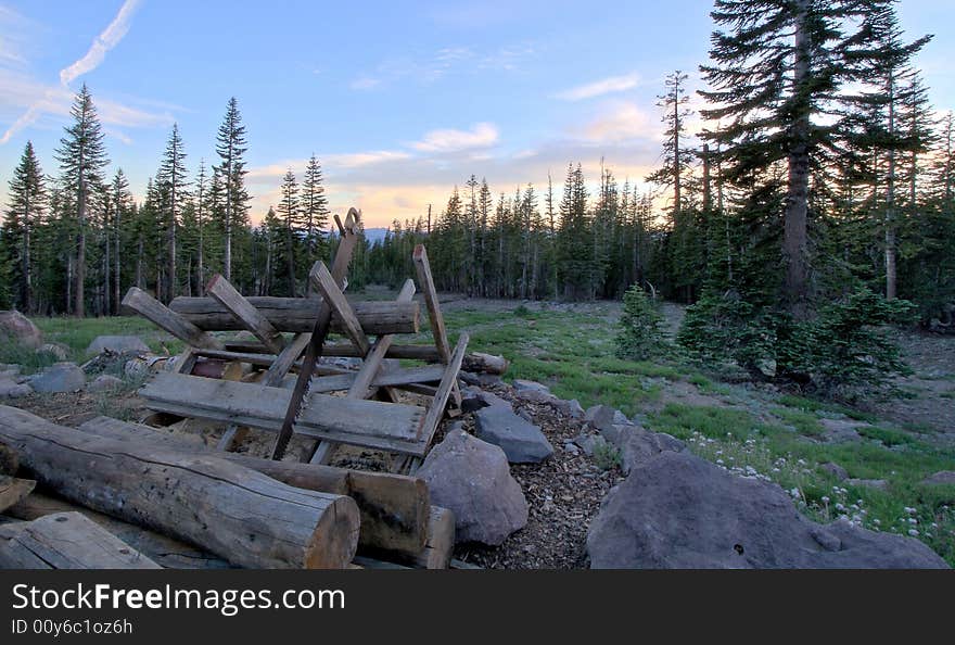 Pioneer style logpile by Mount Shasta. Pioneer style logpile by Mount Shasta