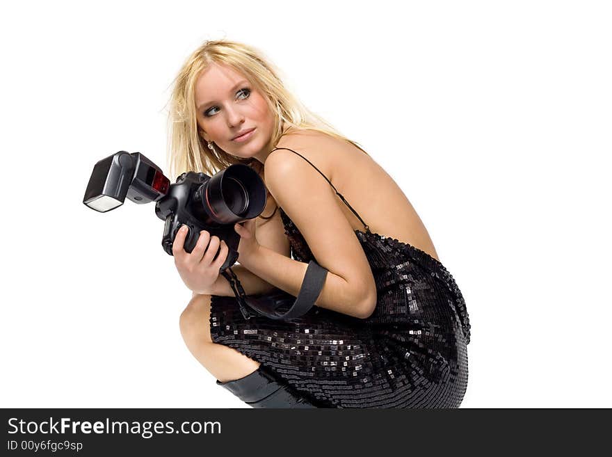 Portrait of a beautiful young blond female with camera, isolated on white. Portrait of a beautiful young blond female with camera, isolated on white