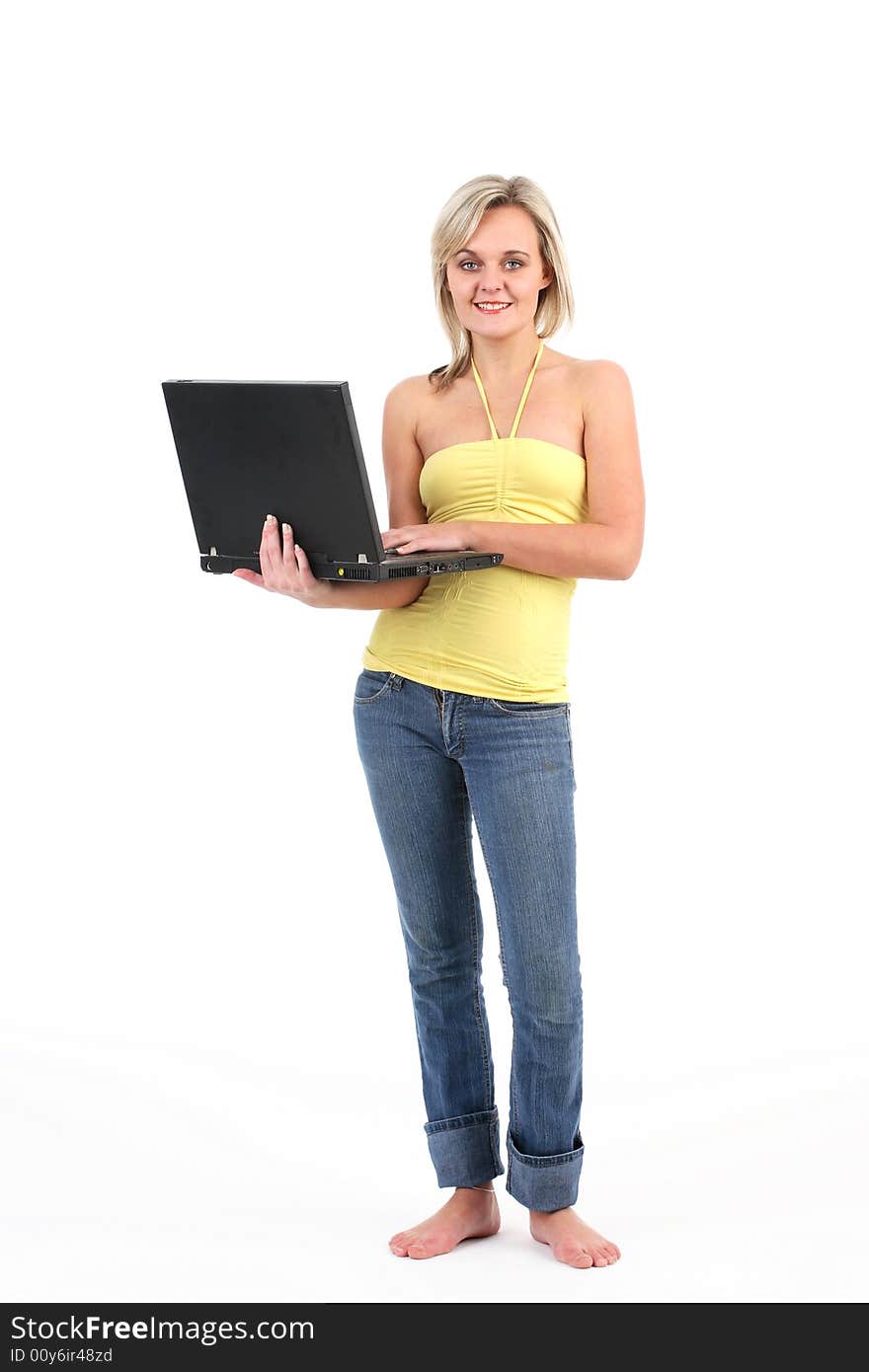 Young student with laptop, isolated on white