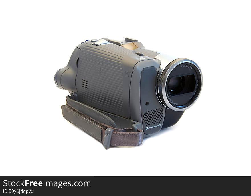 Mini camcorder close-up, isolated over white background