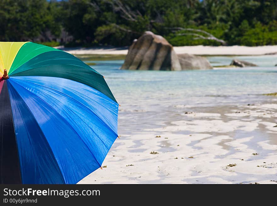 Umbrella on the beach of La Digue island, Seychelles