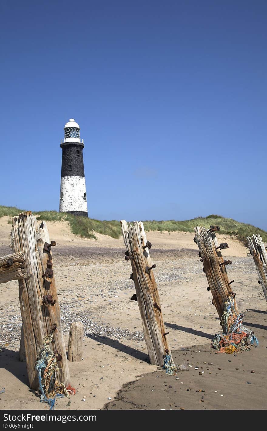 Black and white circular lighthouse at Spurn in East Yorkshire