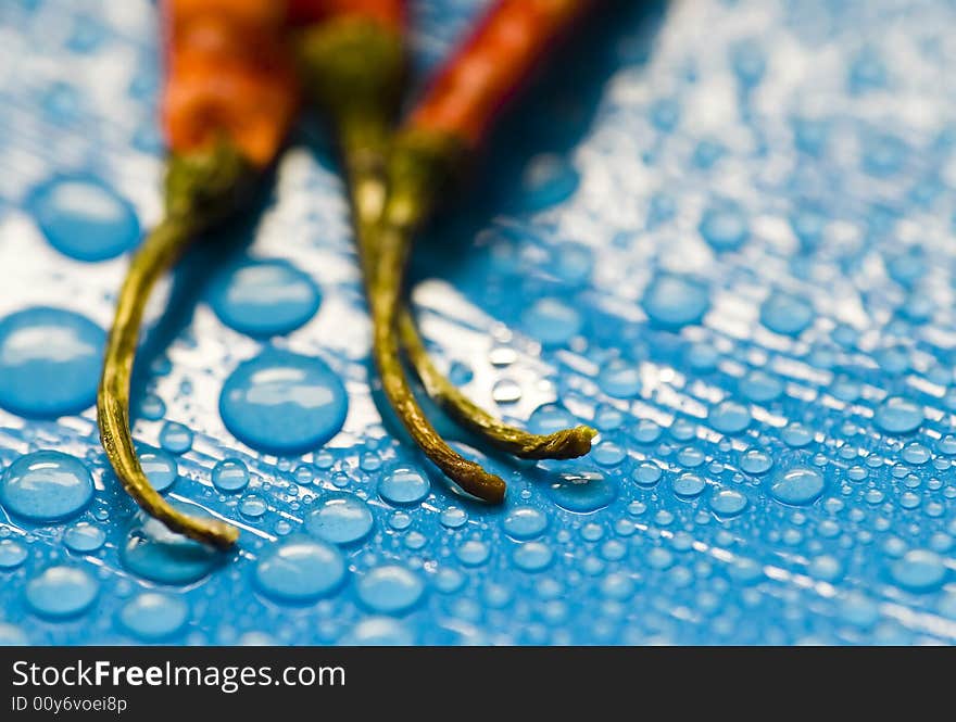 Dried red chili peppers and water drops. Dried red chili peppers and water drops.