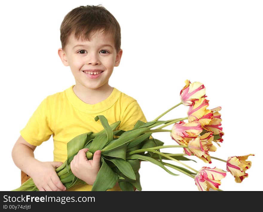 The Happy Boy With A Bouquet Of Tulips