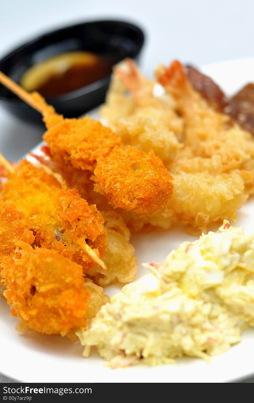 Japanese fried food and egg salad