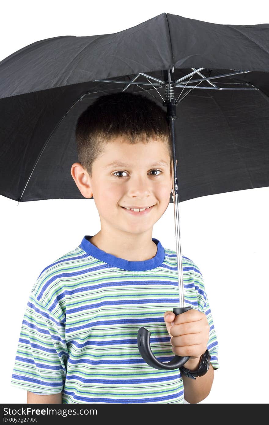 Boy under an umbrella on a white background. Boy under an umbrella on a white background