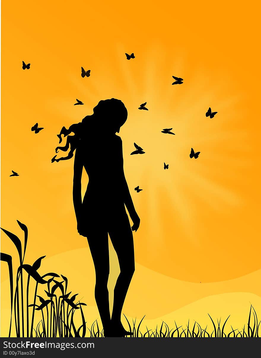 Silhouette of girl with butterfly. Silhouette of girl with butterfly