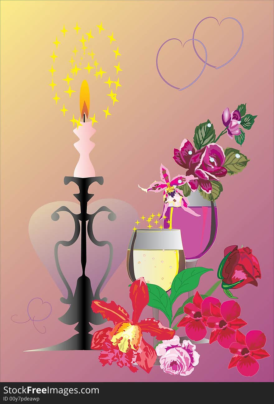 Illustration with champagne glasses and candle