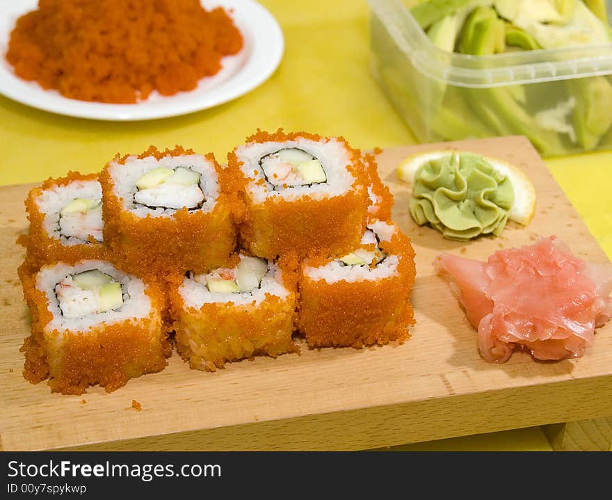 Sushi on the wood plate