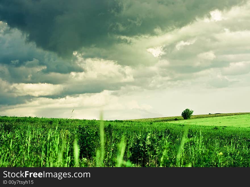 Cloudy vibrant spring landscape. Strong vibrant colors image. Cloudy vibrant spring landscape. Strong vibrant colors image