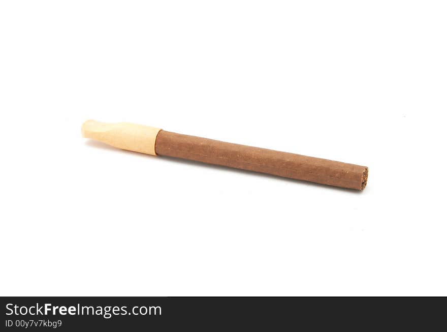 Cigar with a wooden mouthpiece on a white background