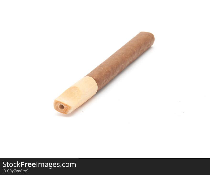 Cigar with a wooden mouthpiece on a white background