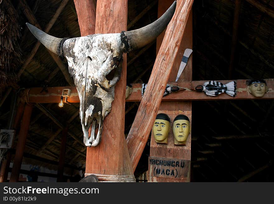 Skull of a bull hung up on a pillar.