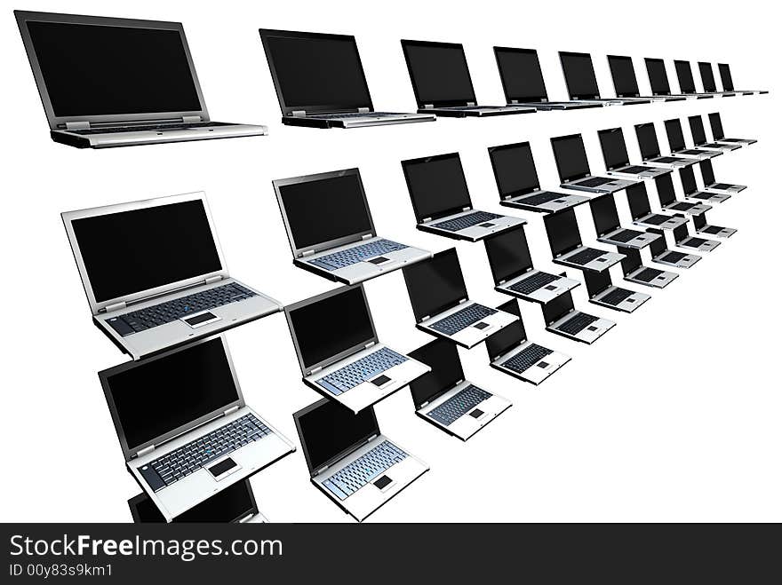 3d Rendering of laptops in a grid layout. 3d Rendering of laptops in a grid layout