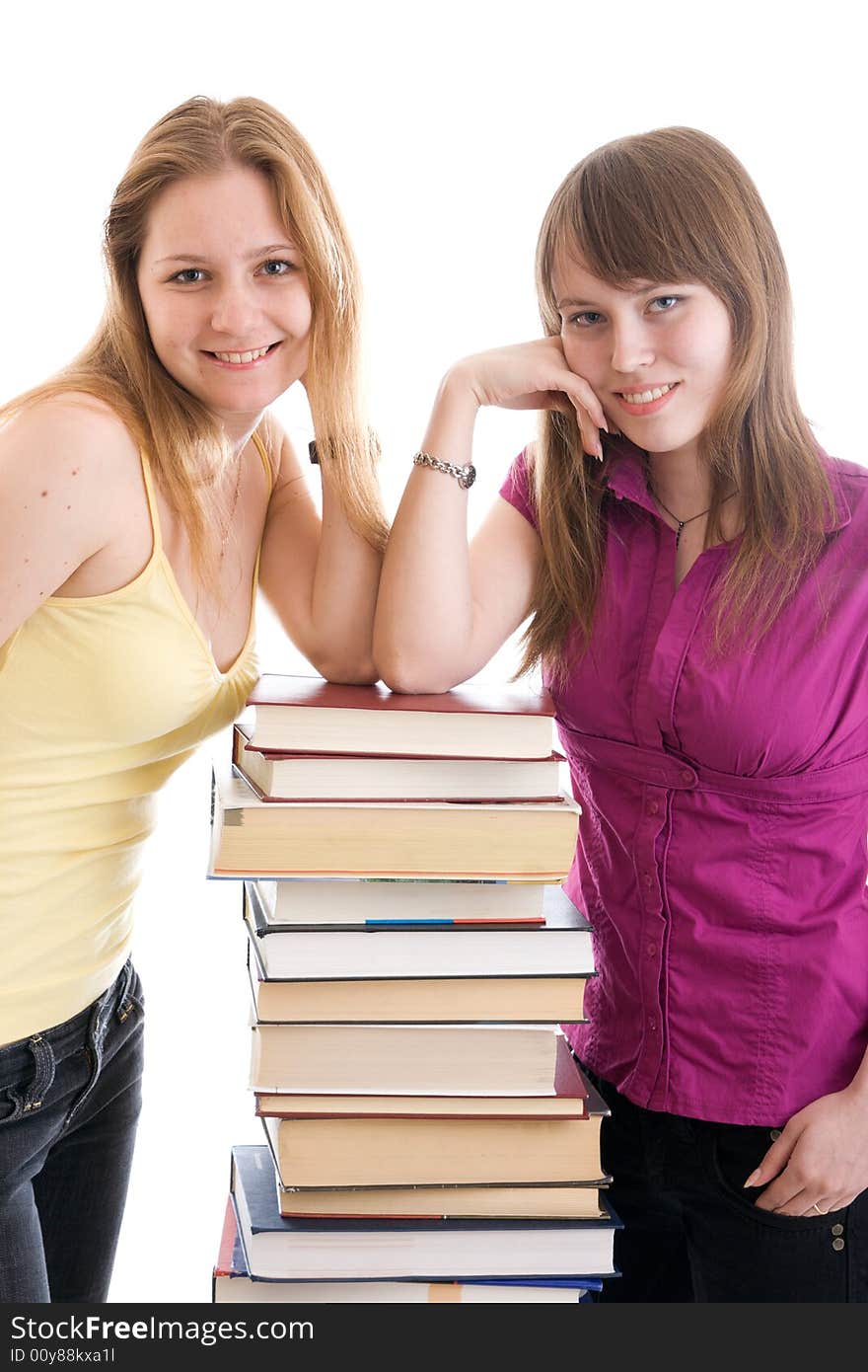 The two young students isolated on a white