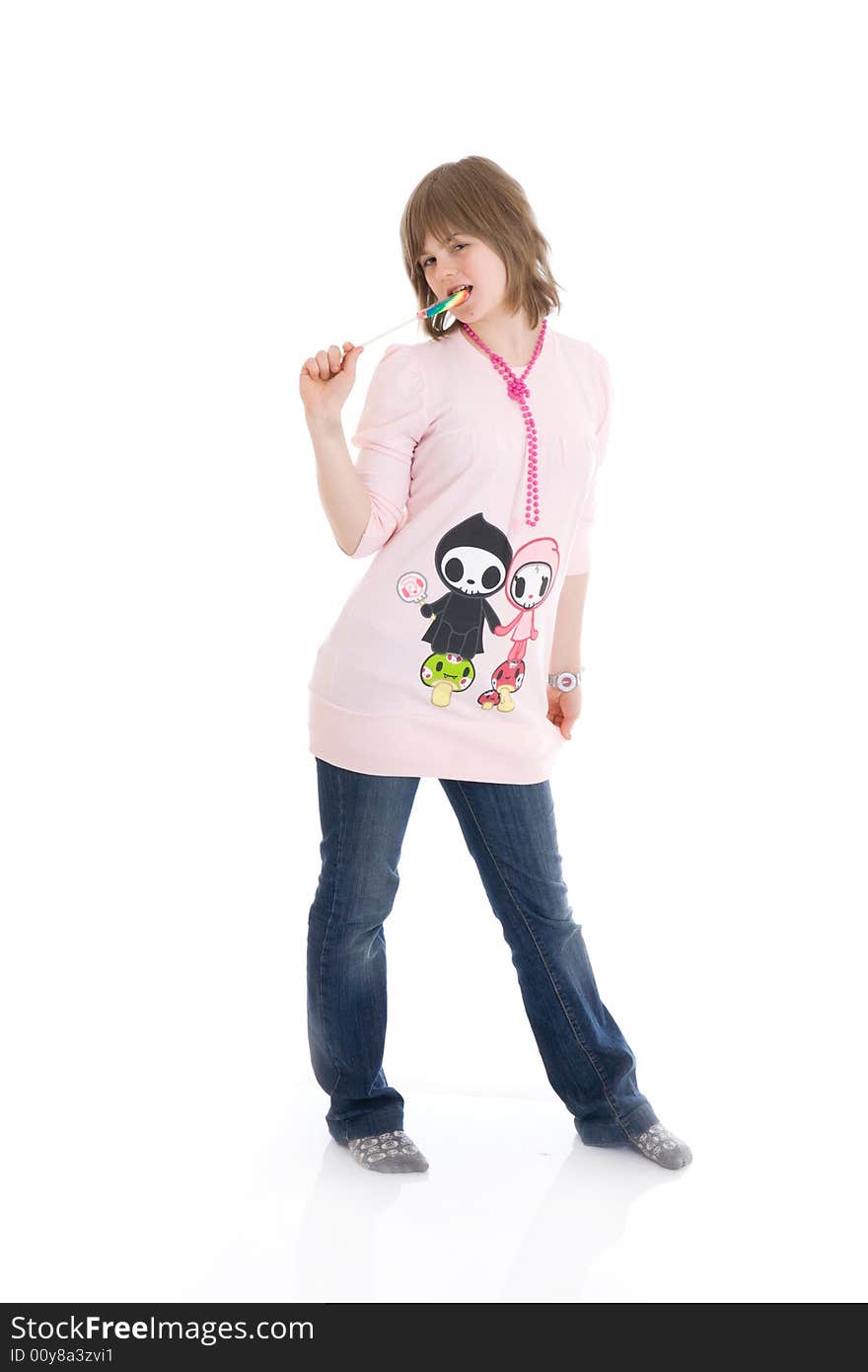 The girl with a sugar candy isolated on a white background