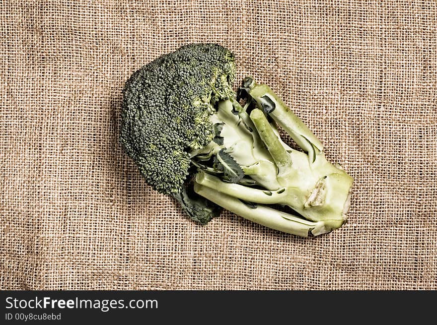 Broccoli on rough canvas.