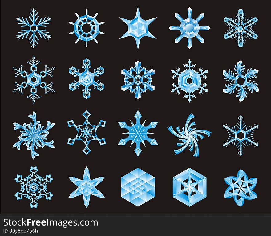 Snowflakes crystals on black/ vector illustration