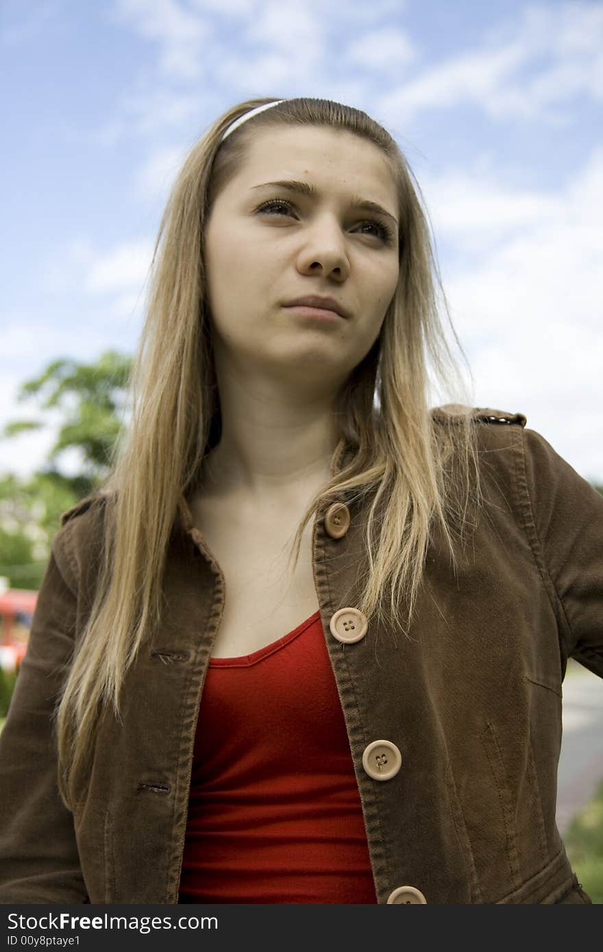 Cute girl on sky background. Cute girl on sky background