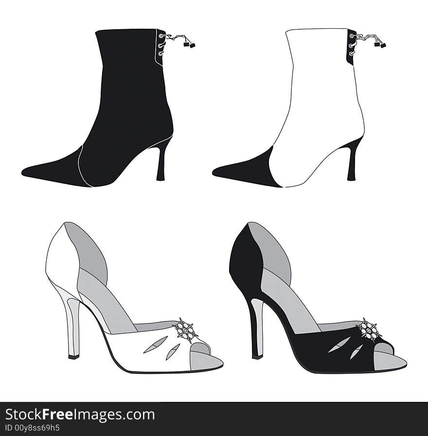 Vector illustration of high heeld shoes and boots