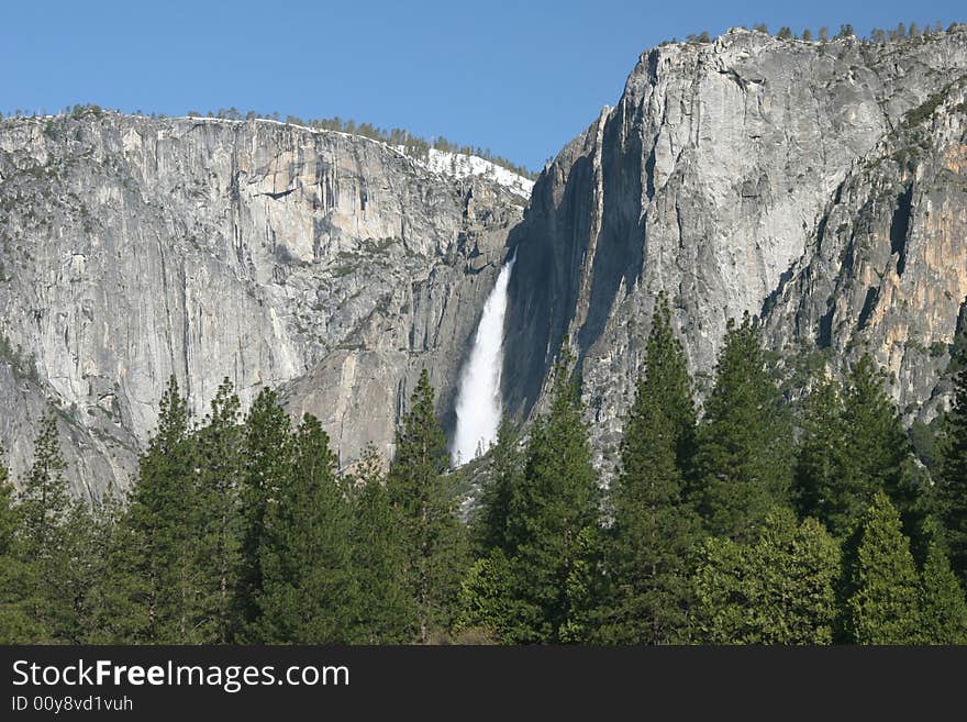 Clear sky over the famous natural landmark Yosemite fall. Yosemite national park. California. USA