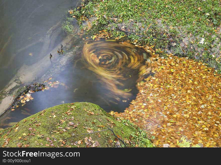 Colourful leaves in the river, making magic spiral. Colourful leaves in the river, making magic spiral