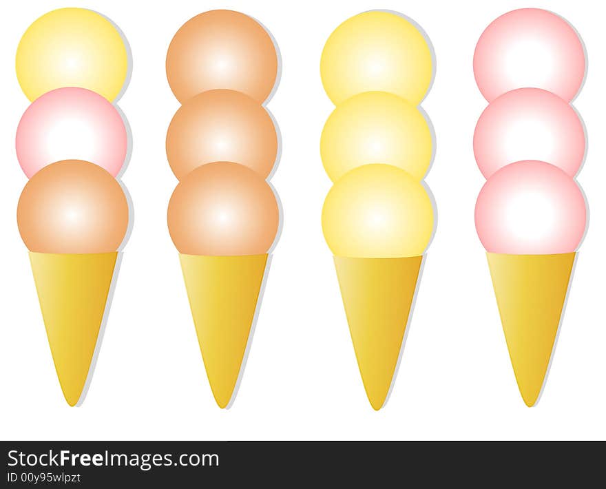 A simple clip art illustration featuring 4 flavours of ice cream cones - neopolitan, chocolate, vanilla and strawberry. A simple clip art illustration featuring 4 flavours of ice cream cones - neopolitan, chocolate, vanilla and strawberry