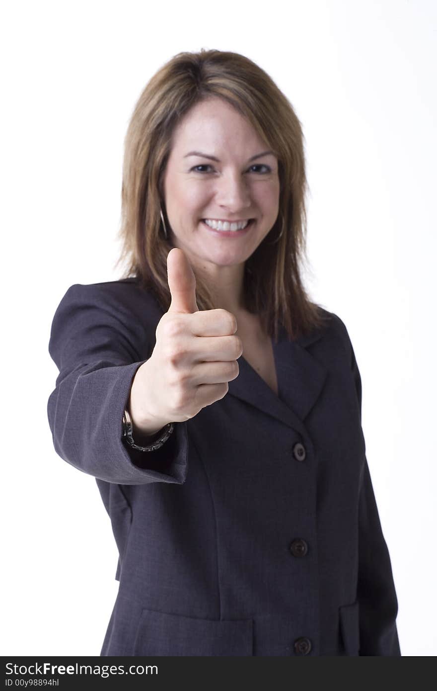 Businesswoman giving thumbs up isolated on white