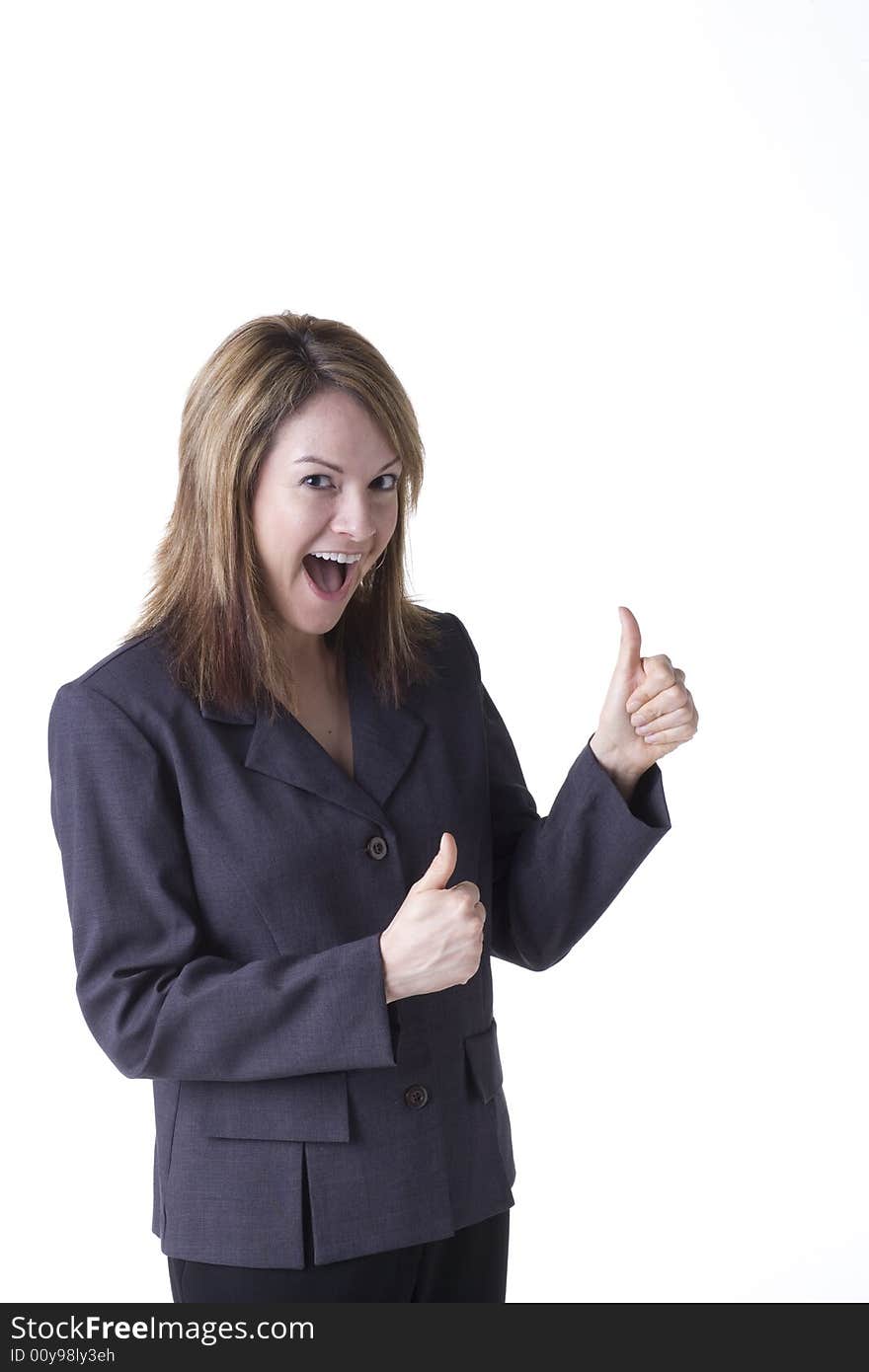 Businesswoman giving thumbs up isolated on white