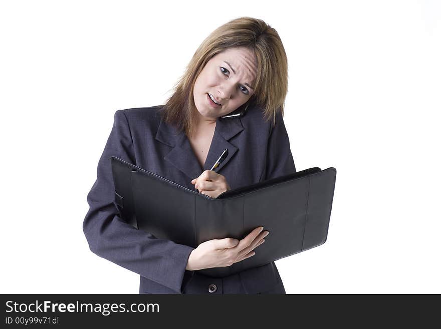 Businesswoman hard at work isolated on white. Businesswoman hard at work isolated on white