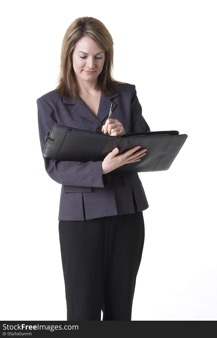 Businesswoman hard at work isolated on white. Businesswoman hard at work isolated on white