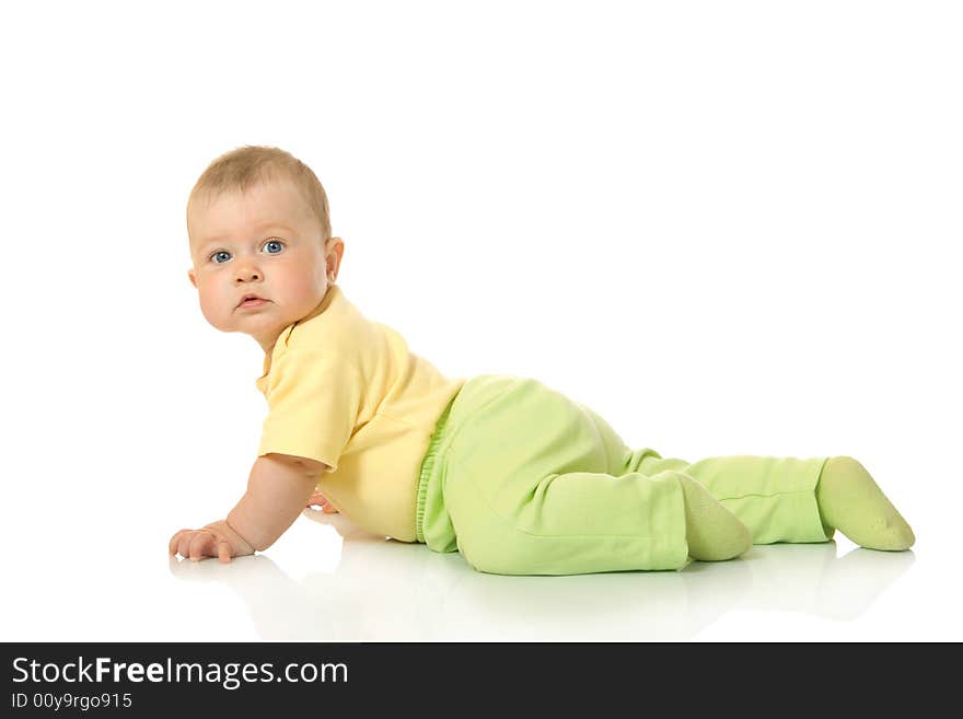 Creeping small baby isolated on white background