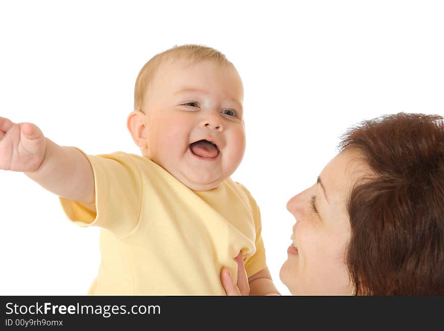 Small baby with mother isolated on white