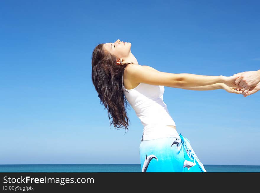 View of nice young gorgeous female in summer environment. View of nice young gorgeous female in summer environment