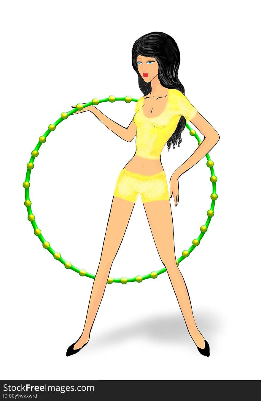 The girl, hoop, health, beauty, sports, fitness, figure, form, shorts, vest, figure, gymnastics, legs, hands, head. The girl, hoop, health, beauty, sports, fitness, figure, form, shorts, vest, figure, gymnastics, legs, hands, head